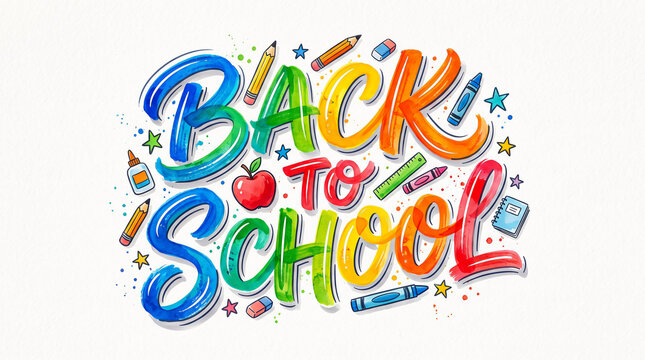 Watercolor lettering spells back to school surrounded by scholastic supplies and decorative stars academic alphabet art backtoschool book bright calligraphy chalkboard class classroom colorful crayon