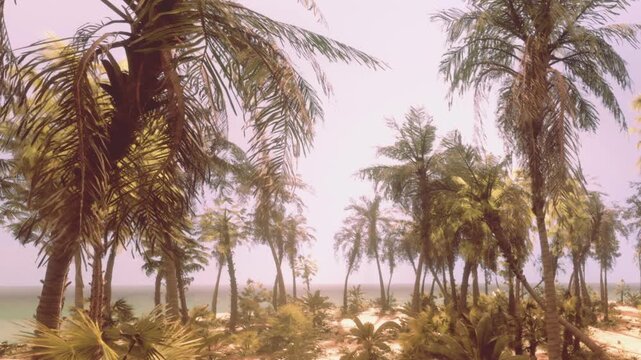 Palm trees cover the sandy area by the ocean. The sun shines down and the water sparkles with a clear blue color. The scene shows a quiet natural setting.
