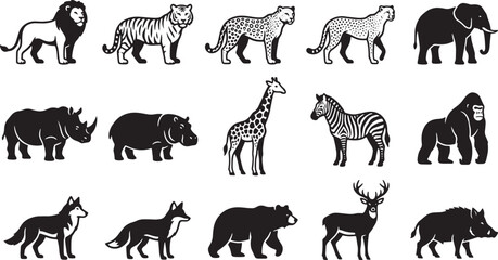 Fototapeta premium Wild Animals Safari Fauna Silhouette Mammal Vector Icon Set