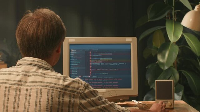 Retro pc with loading code console, programmer making scripts, green basic screen, Old computer studio close-up, Desktop vintage retro wave display, late 90s PC.