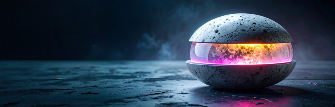 Split stone sphere revealing glowing pink plasma energy core on dark textured surfaces with smoke. Futuristic scifi technology concept banner backgrounds for product display presentation cgi art 2026.