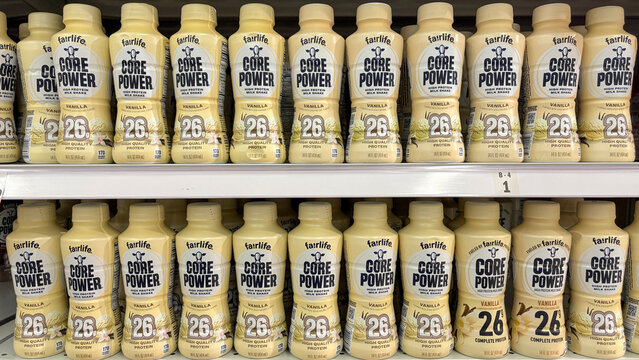 fairlife Core Power protein milkshake display at a store. fairlife is a subsidiary of the Coca-Cola Company.