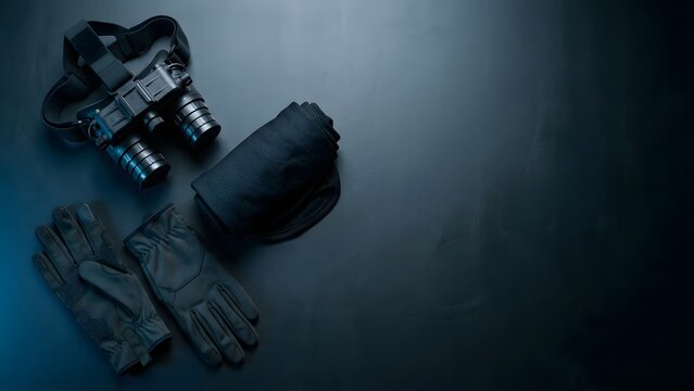 Night vision goggles, gloves and rolled fabric set on a dark background with blue lighting