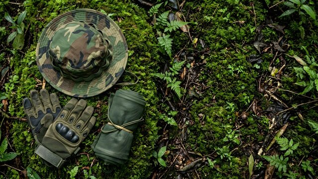Outdoor adventure gear including a camouflage hat, tactical gloves, and a rolled-up sleeping mat laid on mossy ground in a forest