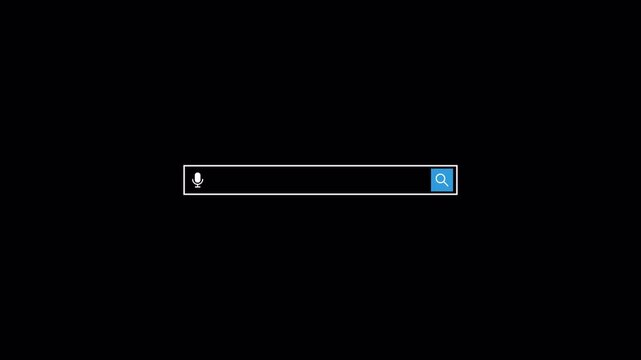 Animated search bar engine animation on Black Background, with alpha channel. search bar button animation Website SEO and Internet Optimization. 4K Resolution