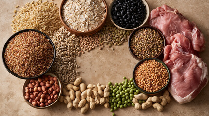 Fototapeta premium Overhead Flat Lay of Nutritious Foods Rich in Vitamins - Healthy Eating Composition