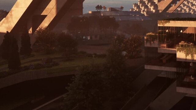 The scene shows buildings with unique shapes and designs alongside green areas. Trees and plants are present, and the sun is setting in the background, casting light on the structures.