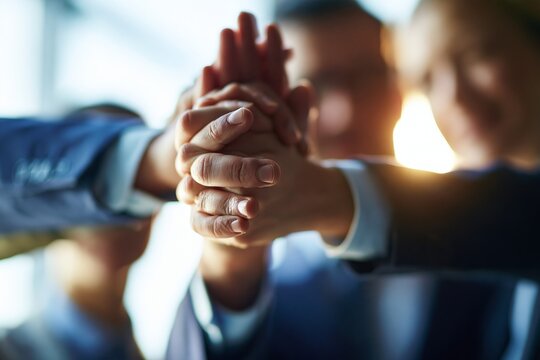 Diverse business team stacking hands together in a powerful display of unity and trust