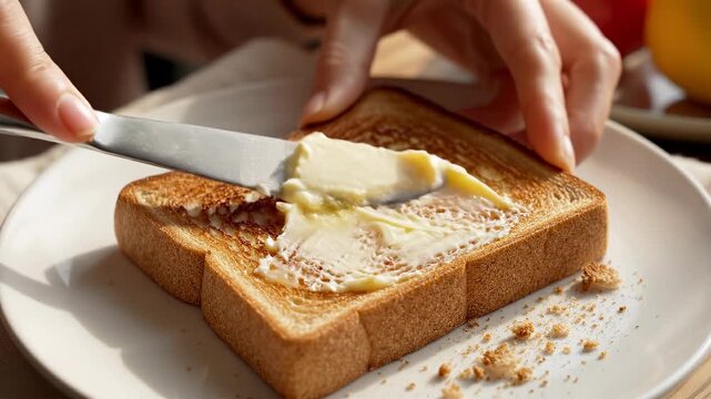 Hands spreading butter onto a perfectly toasted slice of bread on a white plate, with a warm, inviting kitchen background