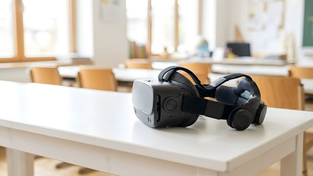 Virtual reality headset on a table in a classroom setting with blurred background