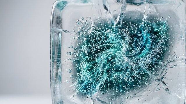 Abstract concept of swirling turquoise particles suspended in clear ice with rising bubbles.
