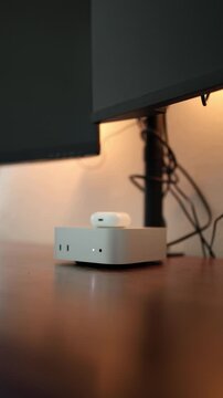 Vertical screen modern compact mini computer sits on a wooden desk beneath a monitor offering a clean space saving workstation setup for digital work and home office use today