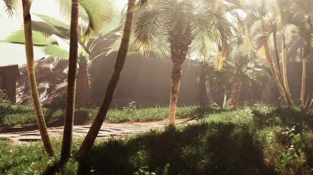 In a sunny location, palm trees tower over a grassy area. A rocky structure is visible in the background. The scene shows vibrant nature with soft light filtering through the foliage.