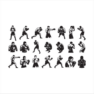 Set of black boxing silhouettes featuring diverse fighting stances and punch variations