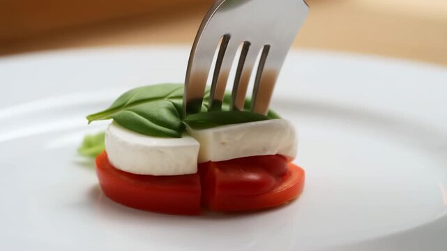Fork presses through basil leaves, white cheese and red tomato slices on white plate, gradually splitting the layered fresh food stack in a bright close-up tabletop view
