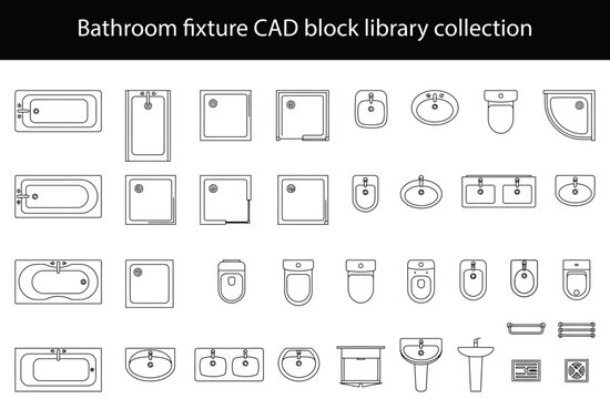 Top view bathroom and kitchen CAD blocks. Vector plan symbols of bathtub, shower, toilet, sink, and stovetop for architectural floor plans and interior design