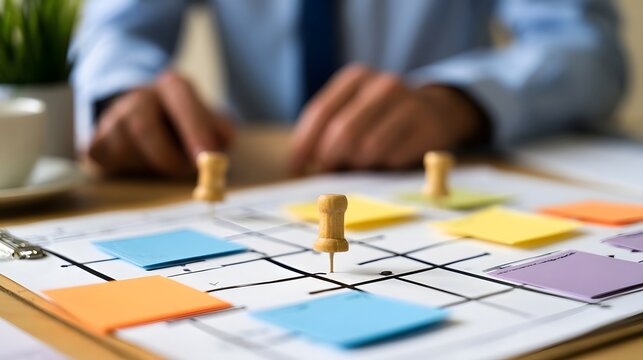 A person s hands are positioned over a grid with colorful sticky notes and wooden pins  suggesting strategic planning or project management