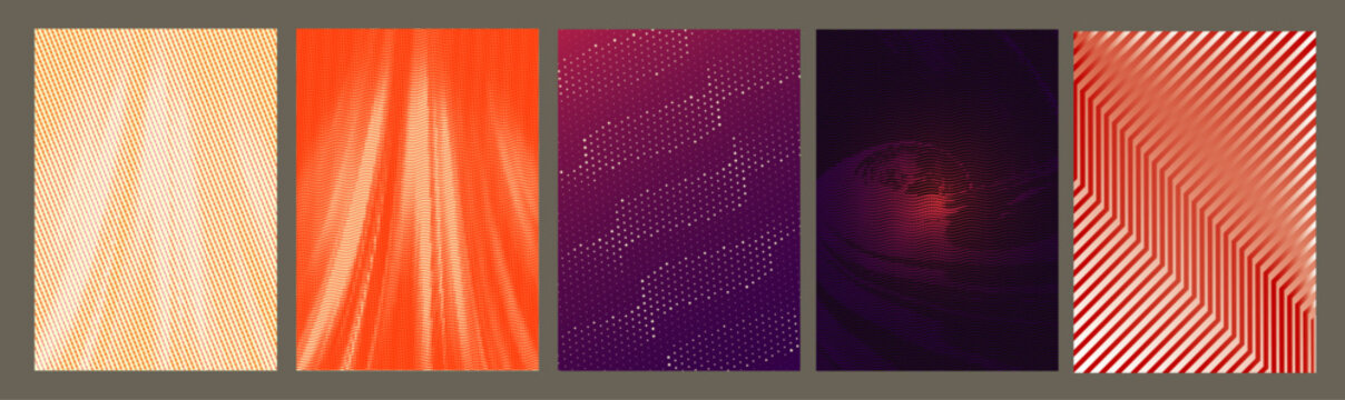 Abstract gradient poster templates set. Vector diagonal stripe, wavy smoke line and halftone dot patterns in red, yellow, green, orange and blue for modern editorial design.