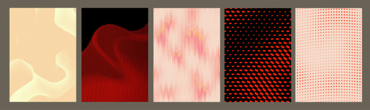 Halftone dot pattern poster templates set. Vector organic blob, wavy mountain silhouette and cross dot textures in cream, red, pink and black for modern print design.