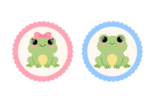 Cute frog boy and girl in blue and pink scalloped frames. Vector cartoon froggy couple isolated on white background.
