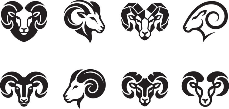 Set of black and white ram head icons featuring various artistic styles for logos and graphic design projects