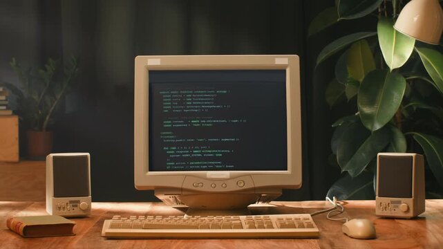 Retro pc with loading code console, programmer making scripts, green basic screen, Old computer studio close-up, Desktop vintage retro wave display, late 90s PC.
