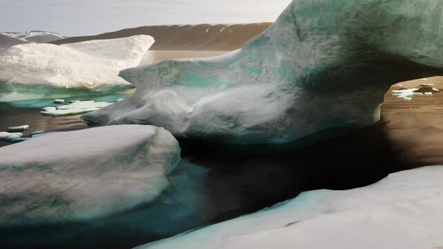 Large ice formations sit in a dark body of water under soft light. The surroundings show a rugged landscape with mountains in the background.