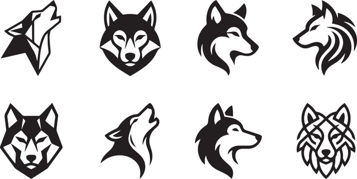 Set of black and white wolf head icons and logos featuring various artistic styles and expressions