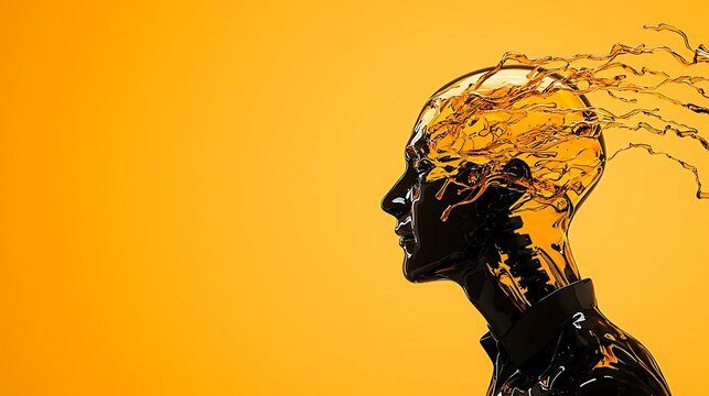 Black head silhouette with splashing yellow liquid.