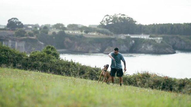 Happy young man playing with his energetic boxer dog on a lush green meadow overlooking the ocean. The owner teases the canine with a toy