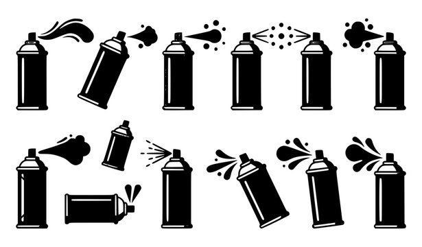 Colorful spray paint cans and aerosol splash icons isolated on white vector set