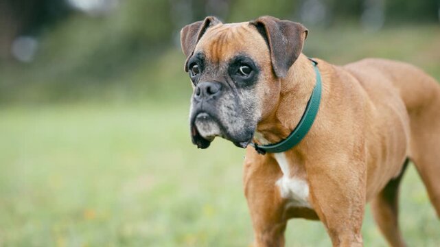 Adorable older boxer dog standing in a grassy field. The purebred pet looks around curiously while wearing a green collar