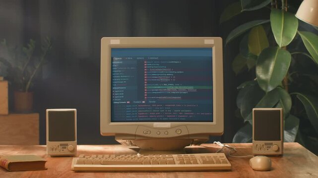 Retro pc with loading code console, programmer making scripts, green basic screen, Old computer studio close-up, Desktop vintage retro wave display, late 90s PC.