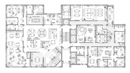 Fototapeta premium Architectural CAD Blueprint Multigenerational Workplace with Young Employees, Experienced Professionals and Inclusive Teamwork, Isolated Vector