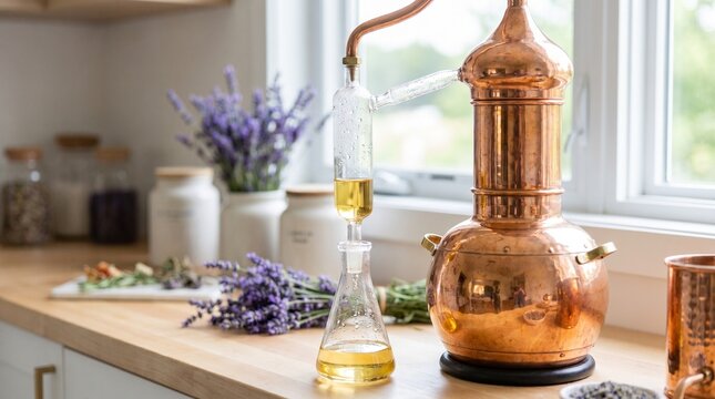 Copper distillation apparatus extracting lavender essential oil in a bright home kitchen
