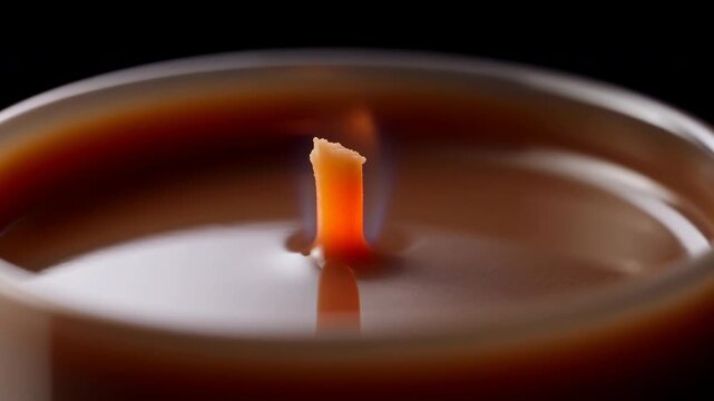 Burning candle flame flickers above short orange wick in melted amber wax, glowing warmly inside round glass container against dark background in close-up composition