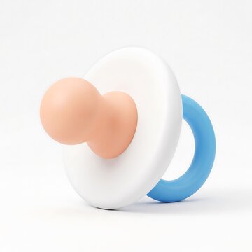 Pastel baby pacifier with white shield and blue ring 3D render illustration baby dummy peach nipple