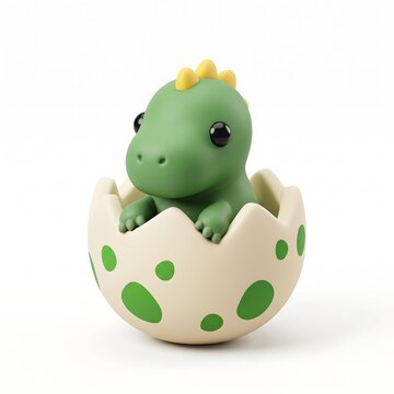 Cute little green dinosaur hatching from a spotted egg 3D cartoon character with baby dinosaur