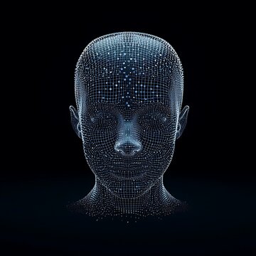 Blue glowing wireframe mesh of human head front view.