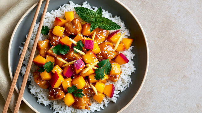 Asian style sweet and sour chicken with mango, white rice, sesame seeds and fresh herbs served in a bowl with chopsticks