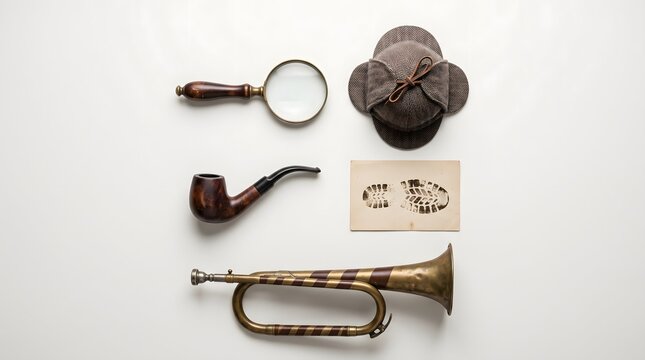 Classic detective gear including vintage magnifying glass, brown wool deerstalker hat, wooden smoking pipe, footprint paper and aged brass trumpet