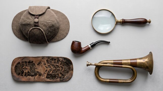 Classic detective deerstalker hat with a polished magnifying glass, tobacco pipe, muddy boot print, and brass trumpet on white background.