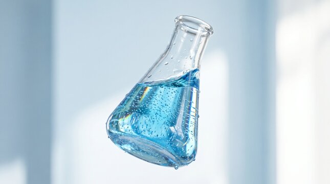 Floating glass Erlenmeyer flask with blue chemical liquid for scientific research and testing