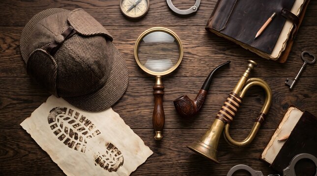 Detective hunting gear including brown plaid deerstalker hat, brass magnifying glass, wooden smoking pipe and leather journal on dark wood