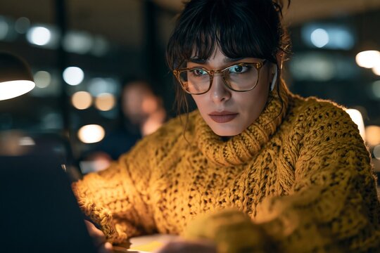 Focused woman wearing glasses and a yellow sweater working late at night in an office setting