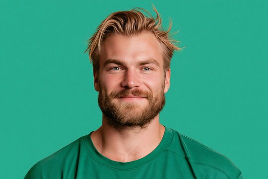 Friendly smiling young blond bearded man wearing green t shirt against turquoise background