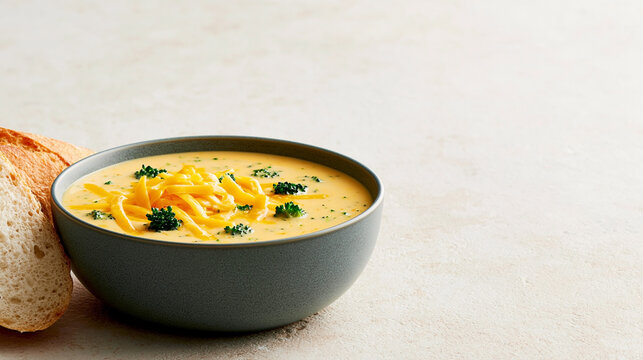 Creamy broccoli cheddar soup topped with shredded cheese and served with crusty bread in a bowl on a light background with copy space