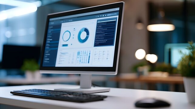 Modern computer monitor displaying business analytics dashboard with charts and data tables on a clean office desk
