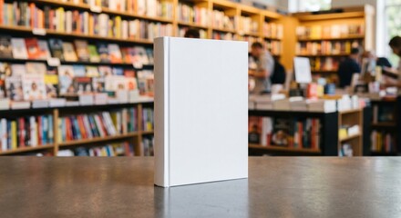 Fototapeta premium Blank white hardcover book standing upright on a dark reflective tabletop in a blurred bookstore background.