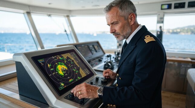 Ship captain monitoring the radar screen on the bridge. Mature male officer in uniform navigating a maritime vessel at sea